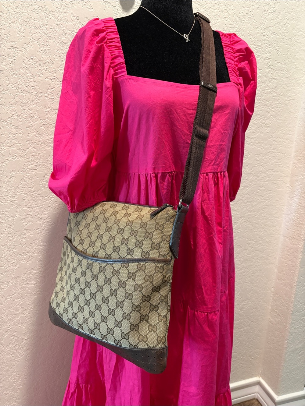 Gucci Beige/Brown GG Canvas Crossbody Bag with Brown Leather Trim